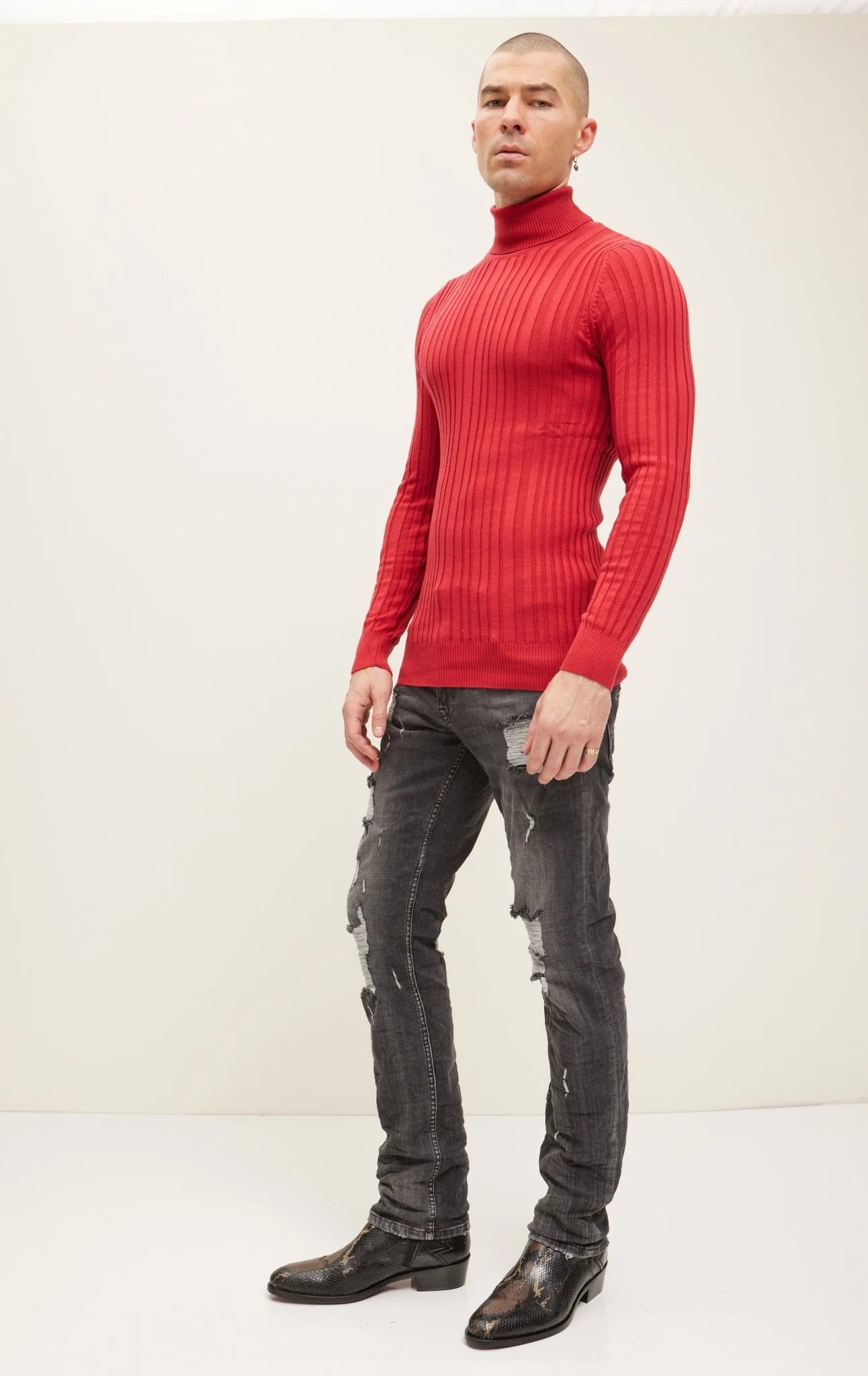 Roll Neck Ribbed Sweater Red