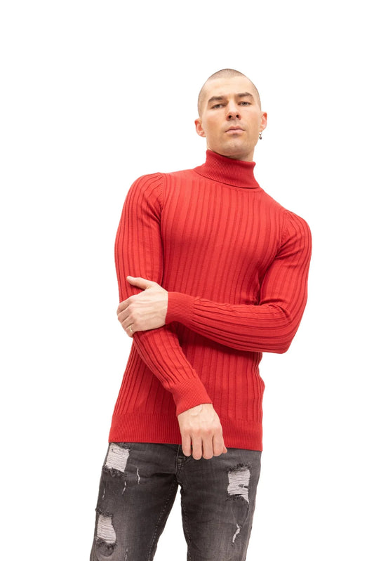 Roll Neck Ribbed Sweater Red