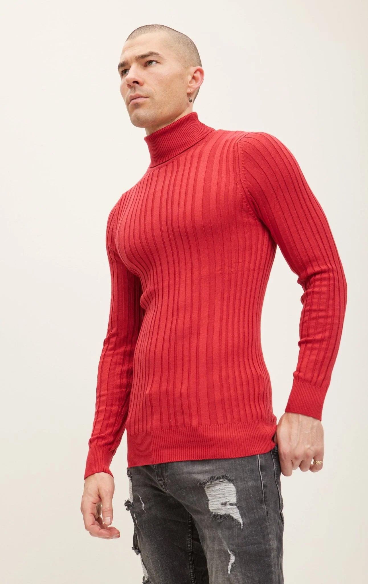 Roll Neck Ribbed Sweater Red