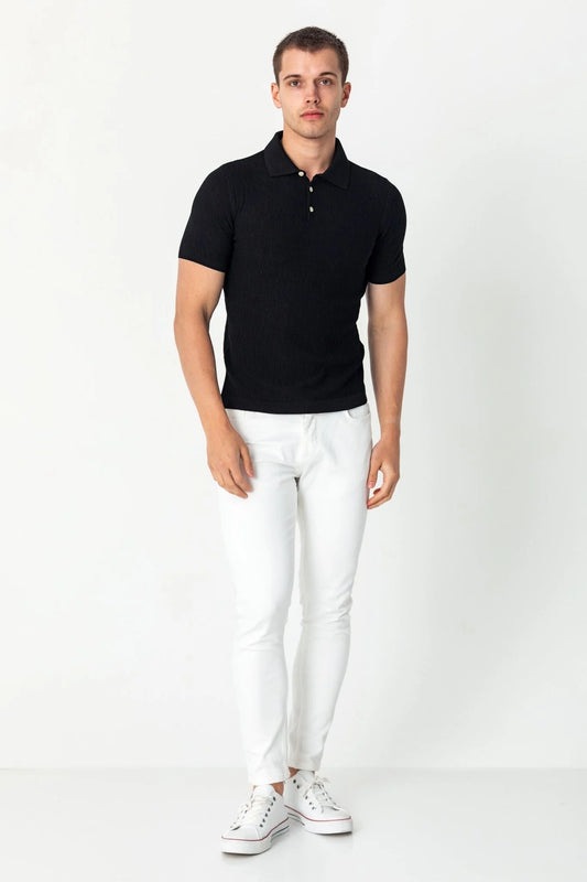 Short Sleeve Textured Polo Shirt Black