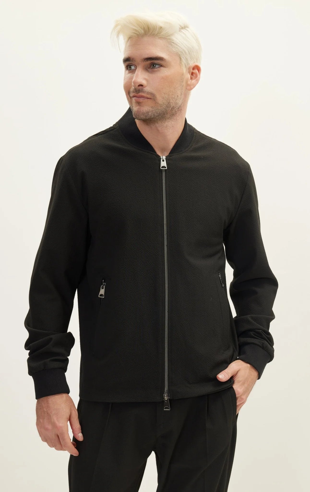 Waffle Stretch Beach Day Bomber Jacket - Black