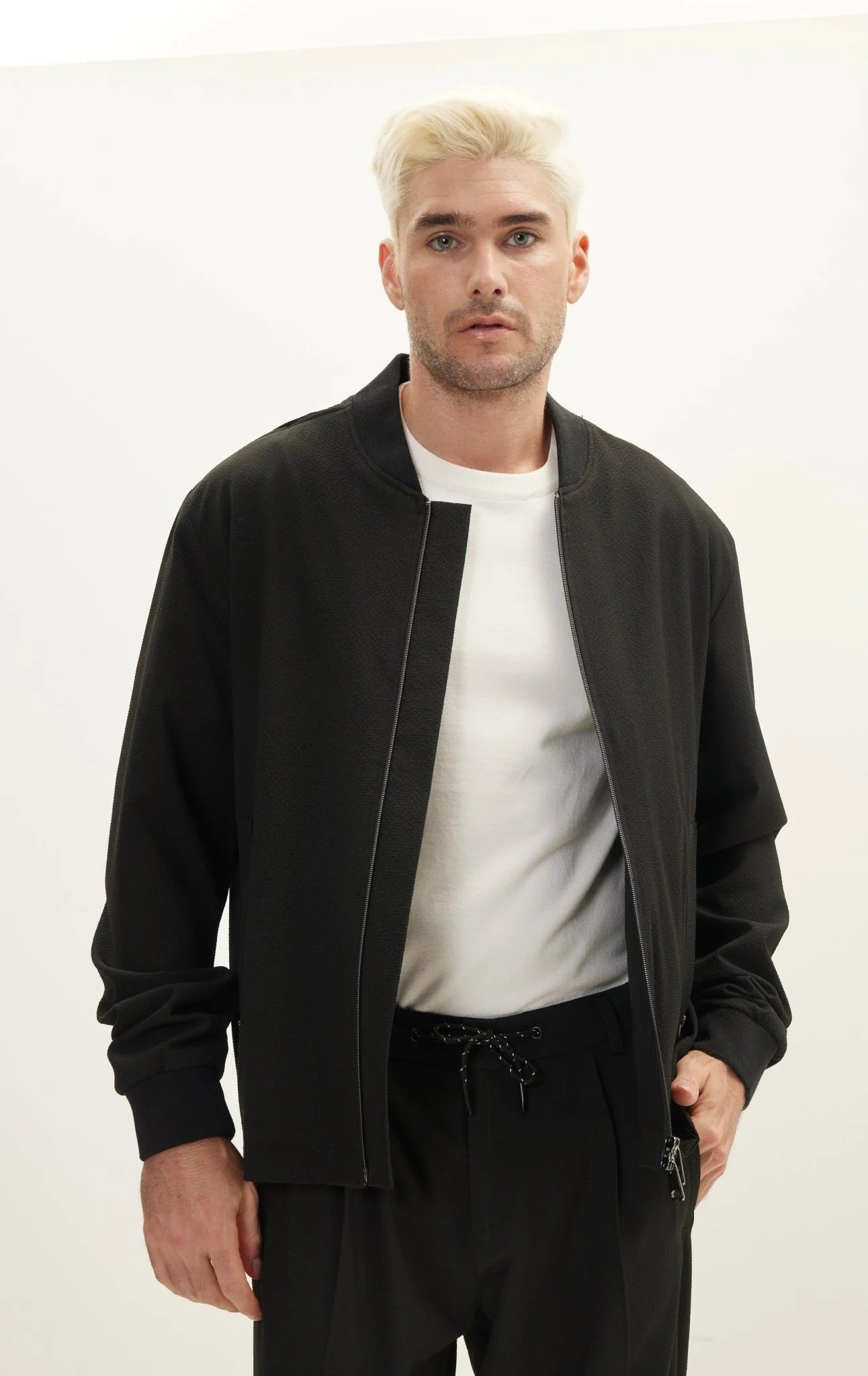 Waffle Stretch Beach Day Bomber Jacket - Black