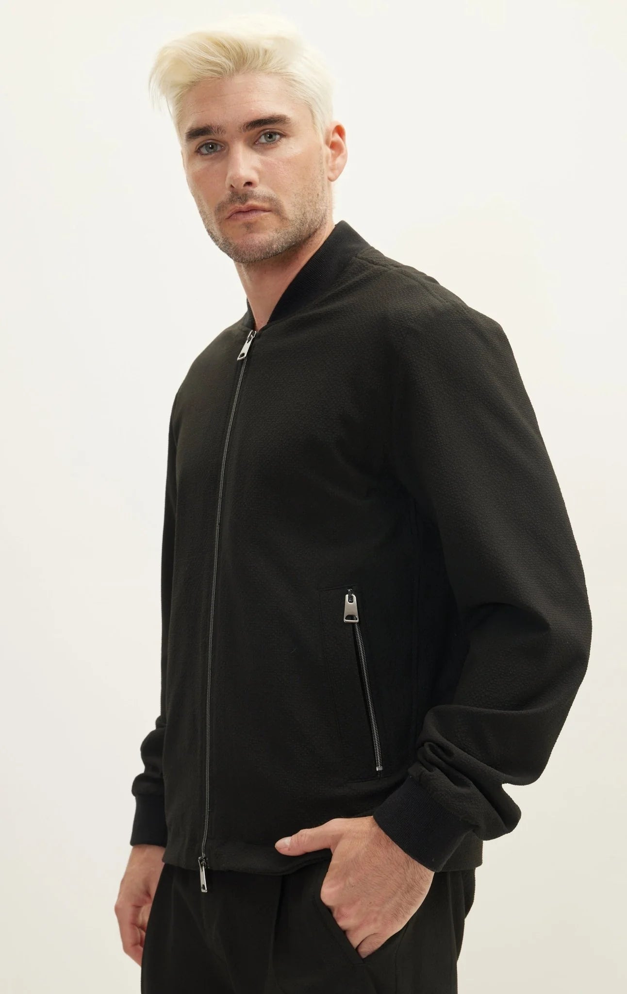 Waffle Stretch Beach Day Bomber Jacket - Black