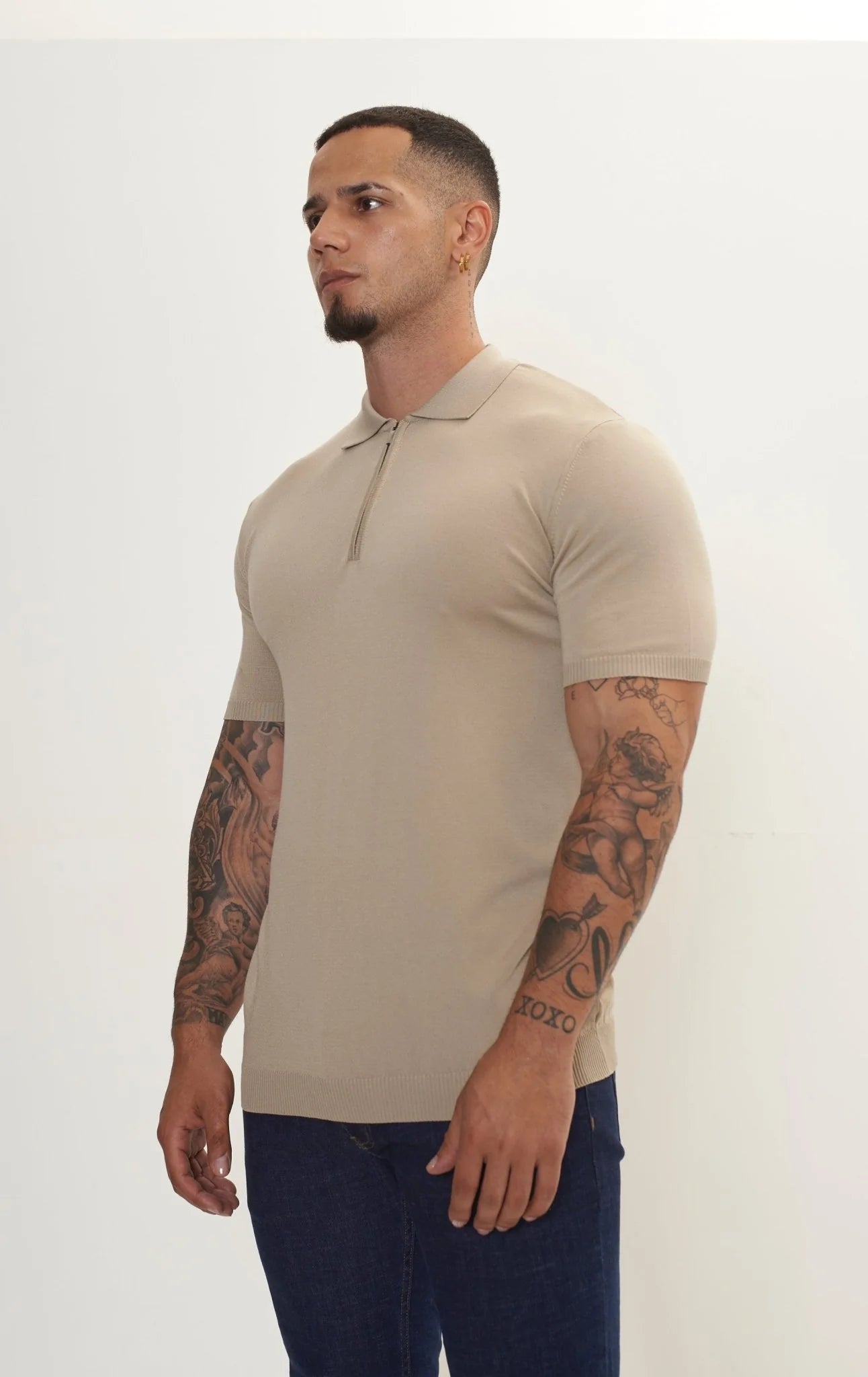 Zipper Closure Lightweight Polo Tee - Dark Beige