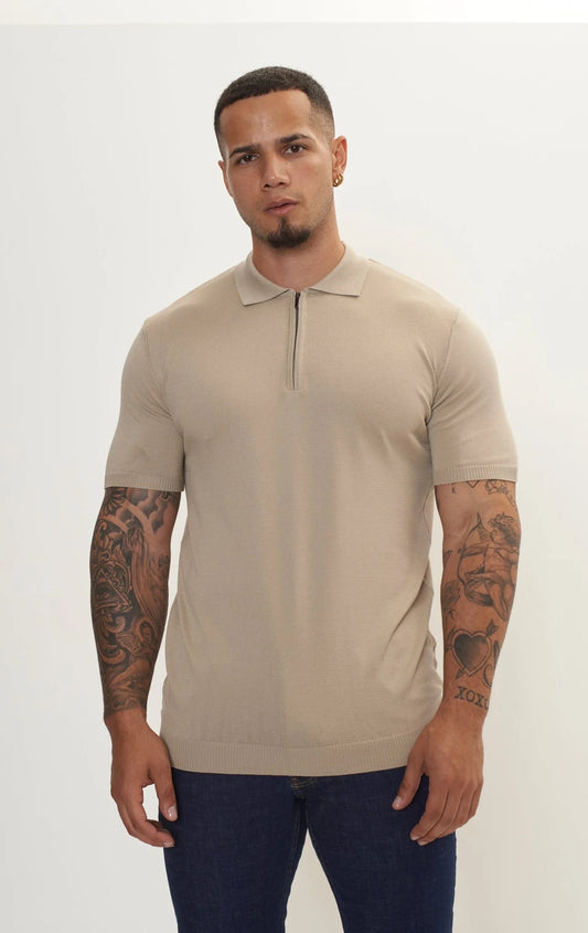 Zipper Closure Lightweight Polo Tee - Dark Beige