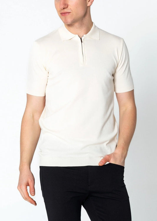 Zipper Closure Lightweight Polo Tee - Off White