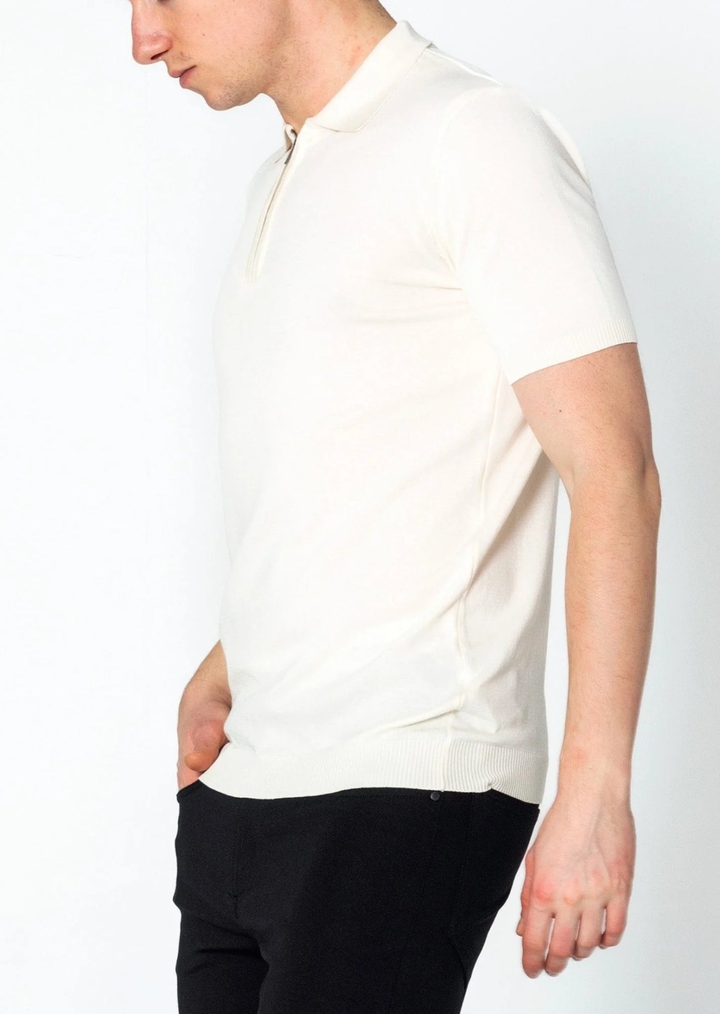 Zipper Closure Lightweight Polo Tee - Off White